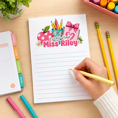 Personalized Teacher Notepad – Pink Apple & Daisy Desk