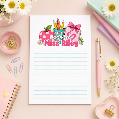 Personalized Teacher Notepad – Pink Apple & Daisy Desk