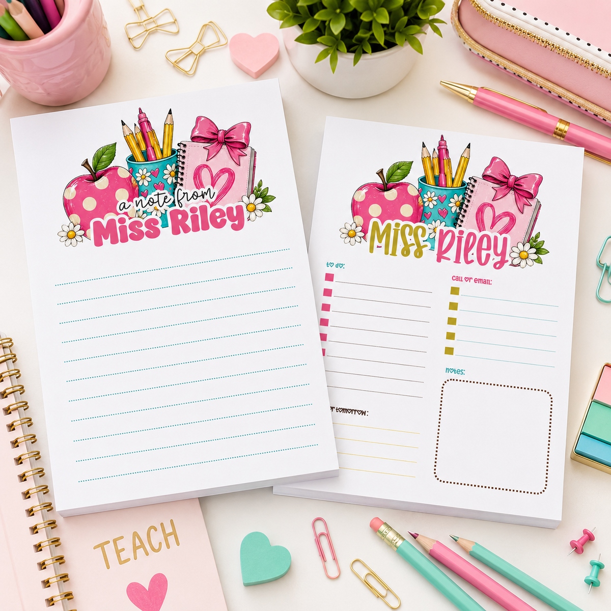 Personalized Teacher Notepad – Pink Apple & Daisy Desk