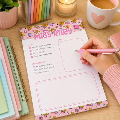 Personalized Teacher Notepad – 5x7 | Pink School Supply Doodles