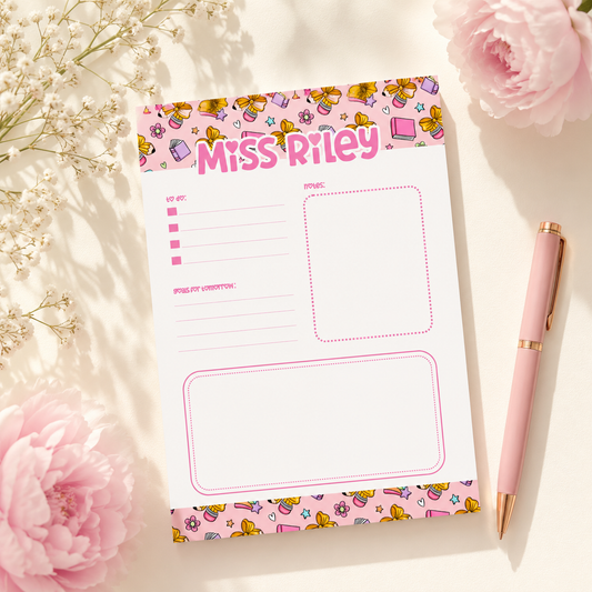 Personalized Teacher Notepad – 5x7 | Pink School Supply Doodles