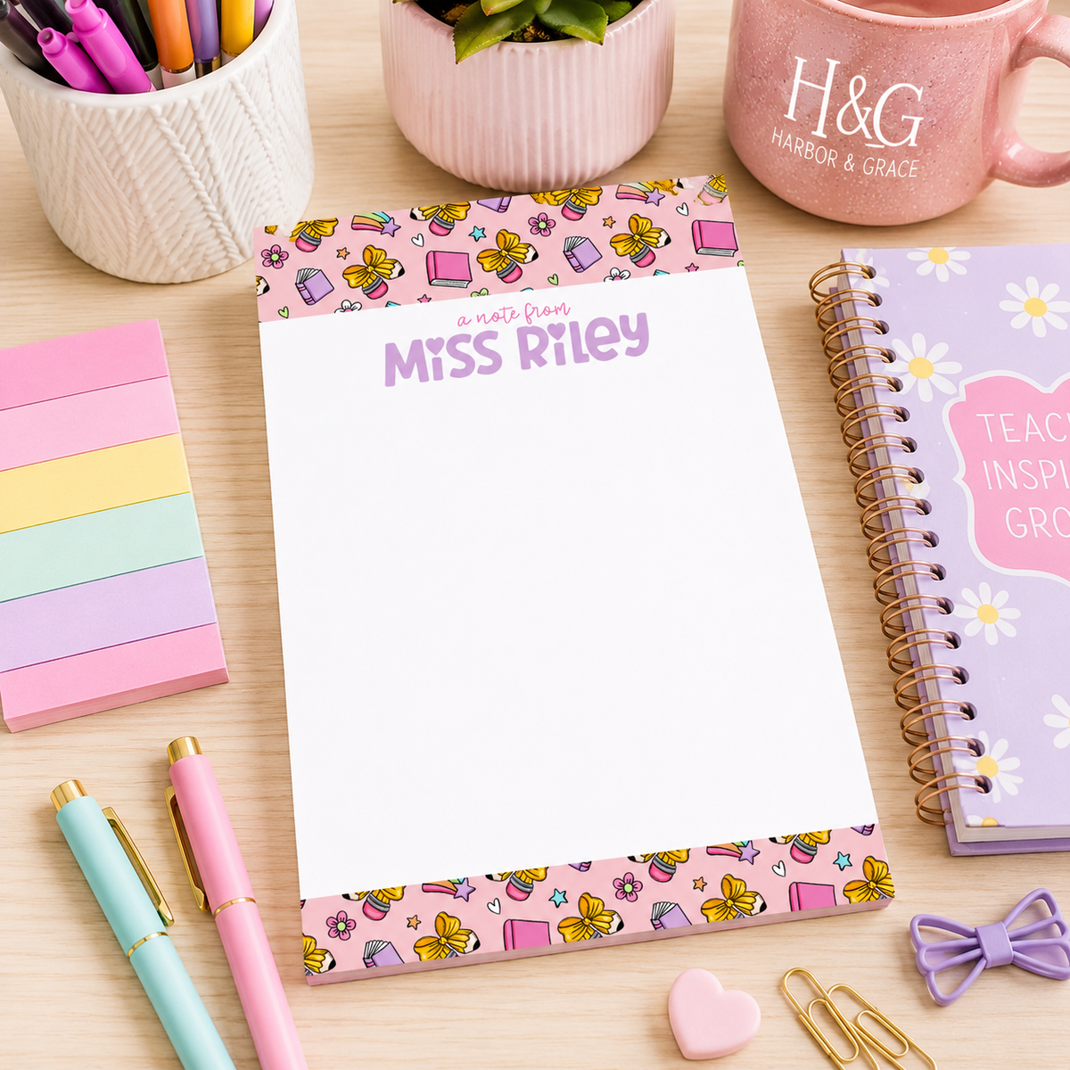 Personalized Teacher Notepad – 5x7 | Pink School Supply Doodles