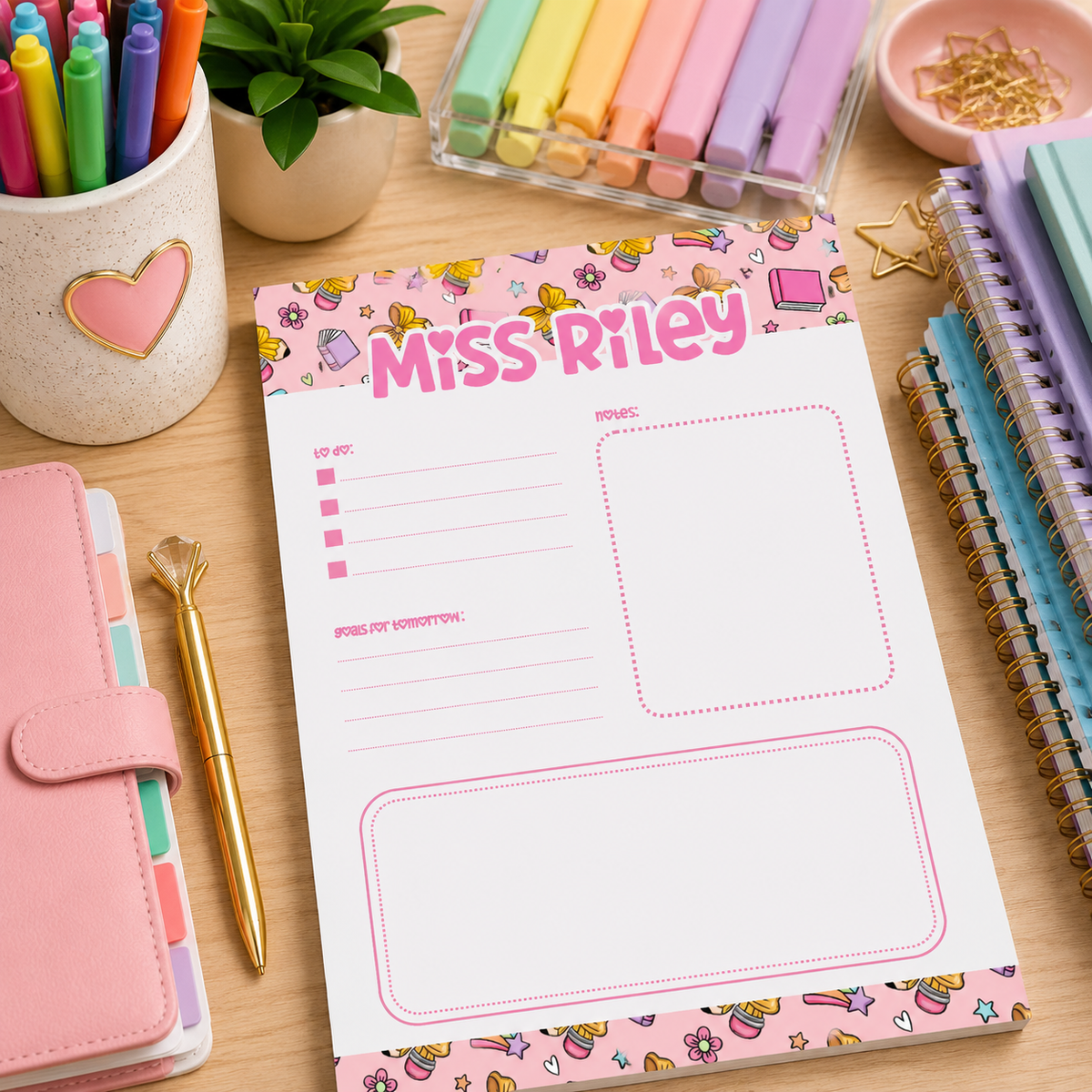 Personalized Teacher Notepad – 5x7 | Pink School Supply Doodles