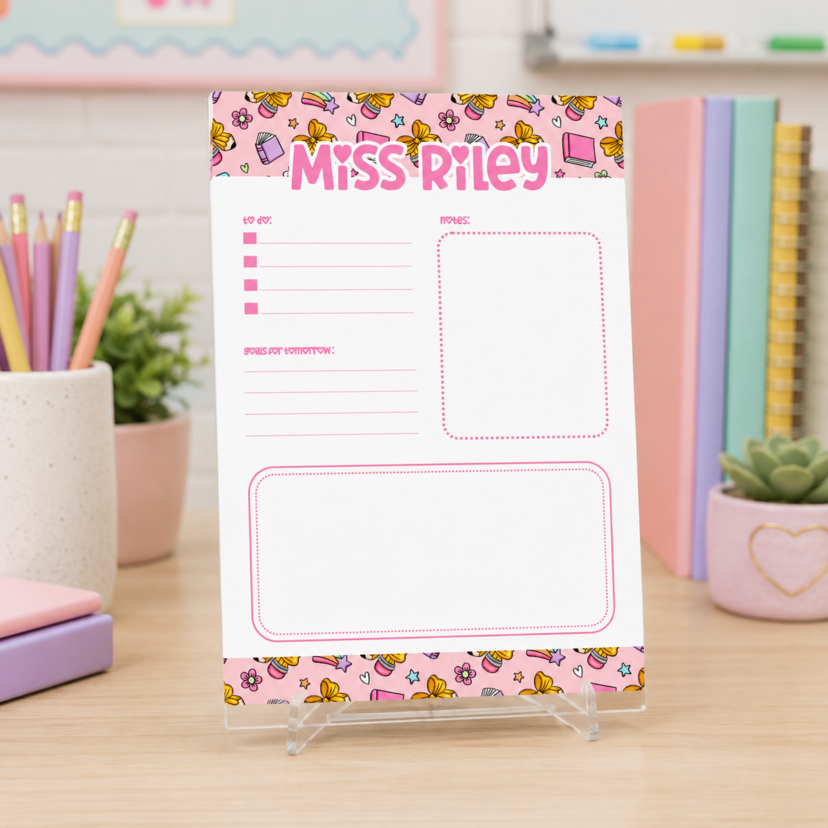 Personalized Teacher Notepad – 5x7 | Pink School Supply Doodles