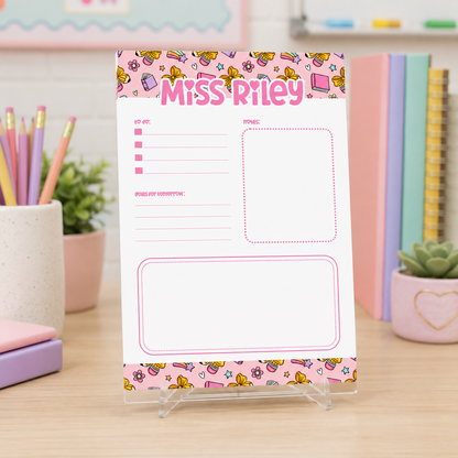 Personalized Teacher Notepad – 5x7 | Pink School Supply Doodles