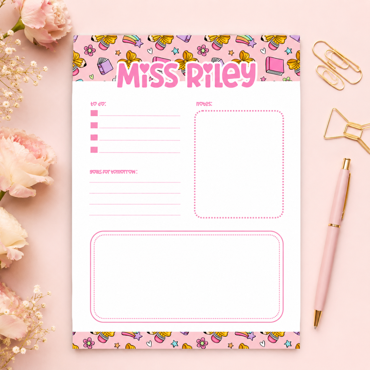 Personalized Teacher Notepad – 5x7 | Pink School Supply Doodles