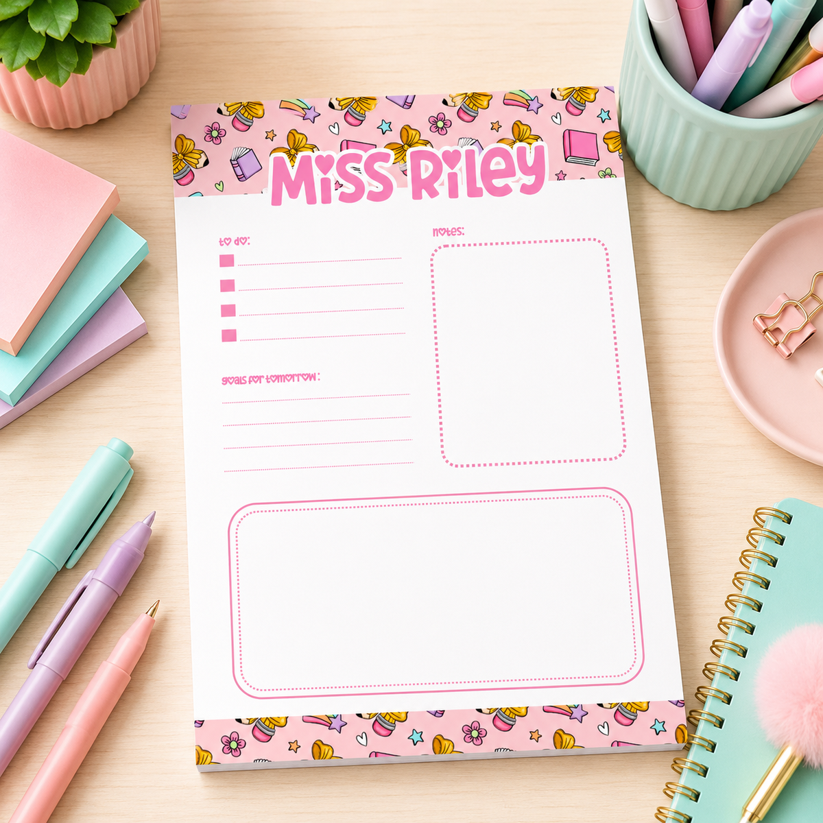 Personalized Teacher Notepad – 5x7 | Pink School Supply Doodles