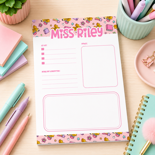 Personalized Teacher Notepad – 5x7 | Pink School Supply Doodles