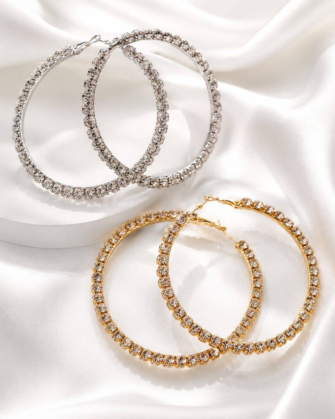 Oversized Rhinestone Hoop Earrings – Gold or Silver