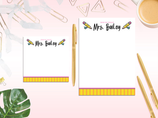 Personalized Teacher Notepad – From the Desk Of Design | Custom Name Stationery | Pencil and Stripe Theme