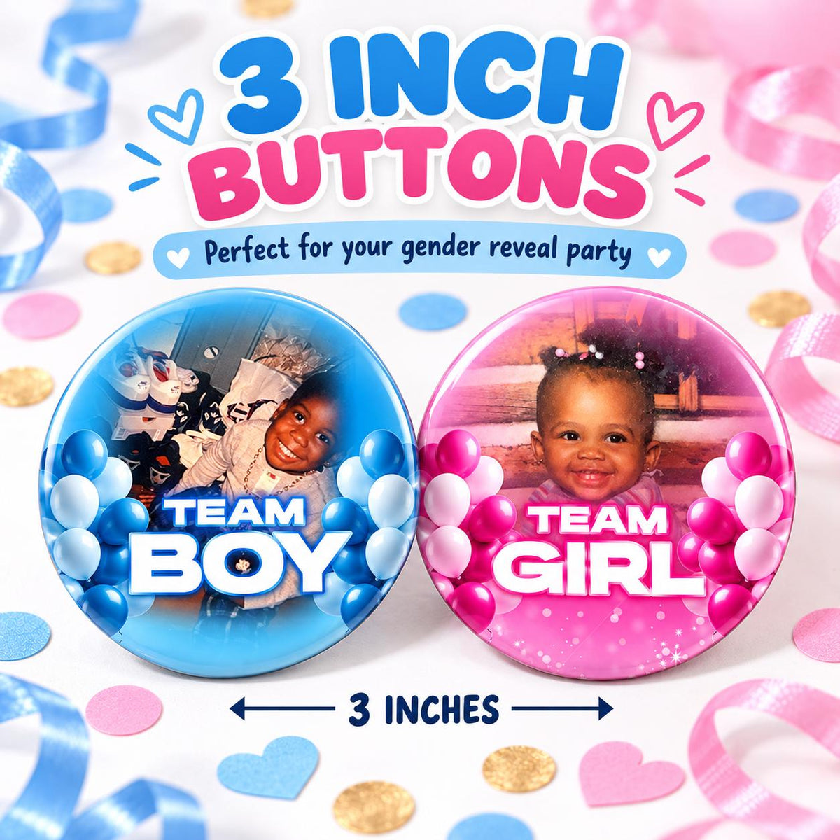 Custom Photo Gender Reveal Buttons | Team Boy + Team Girl Pins