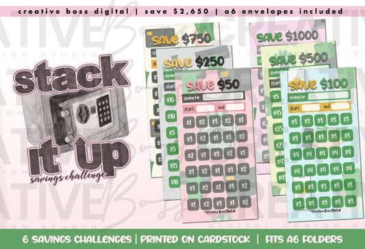 Stack It Up A6 Savings Challenge Cards | Reusable Budget Planner