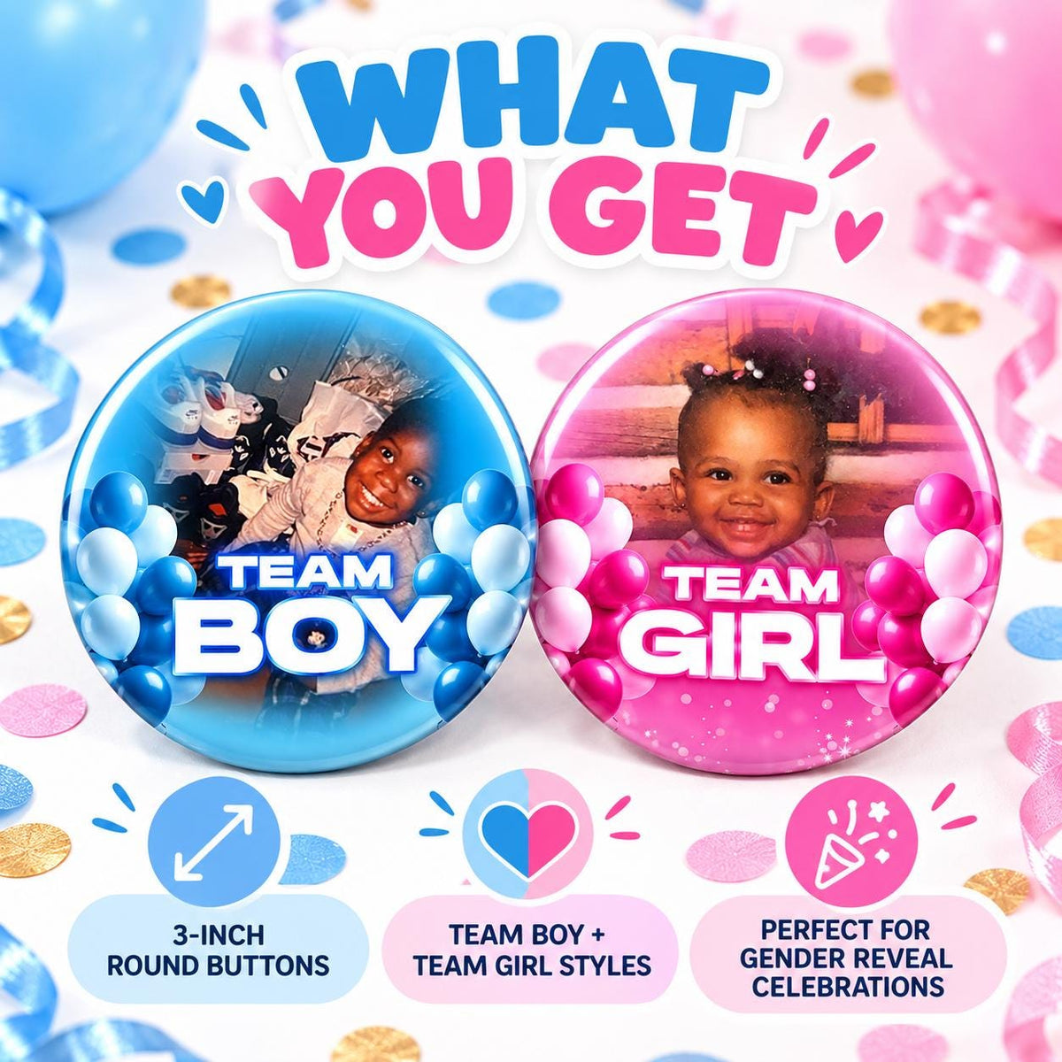 Custom Photo Gender Reveal Buttons | Team Boy + Team Girl Pins