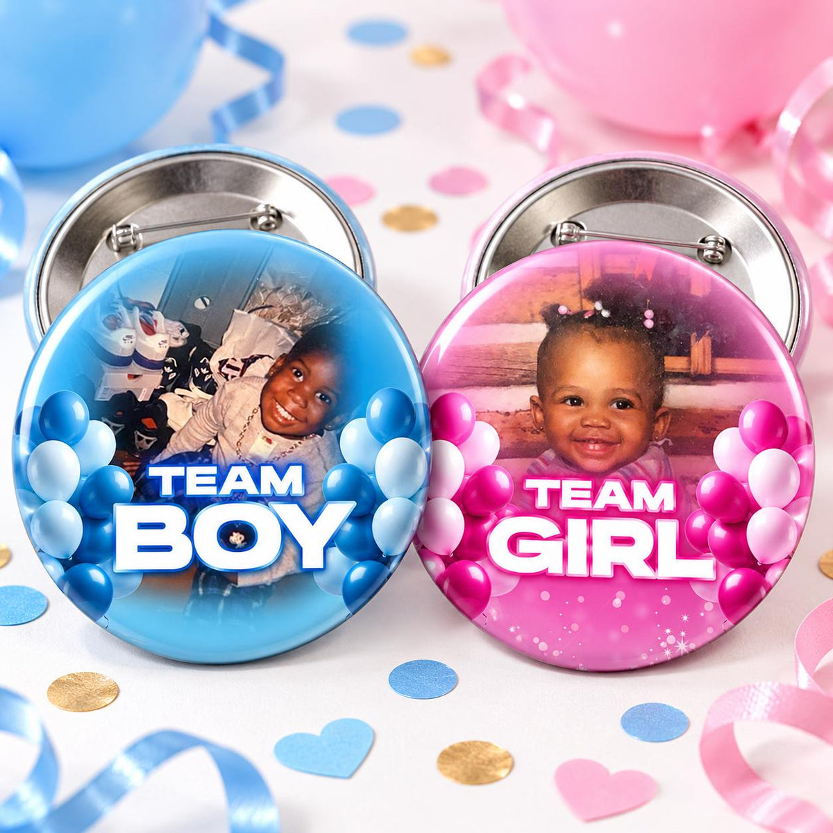 Custom Photo Gender Reveal Buttons | Team Boy + Team Girl Pins