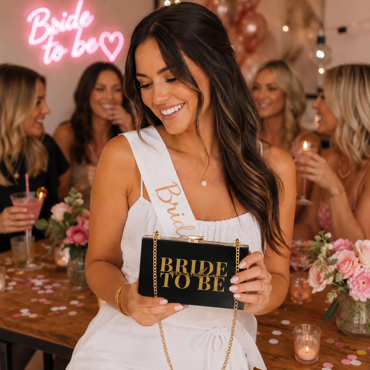 A woman in a white bridal gown and white sash holds a black clutch bag with gold lettering that reads 'BRIDE TO BE' at a bridal shower or bachelorette party. Other women are visible in the background with a pink neon 'Bride to be' sign.