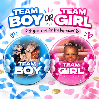 Custom Photo Gender Reveal Buttons | Team Boy + Team Girl Pins