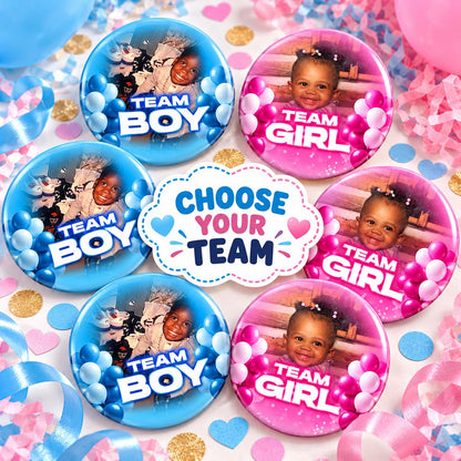 Custom Photo Gender Reveal Buttons | Team Boy + Team Girl Pins