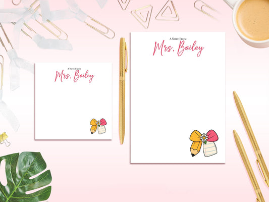 Personalized Pencil Bow Teacher Notepad