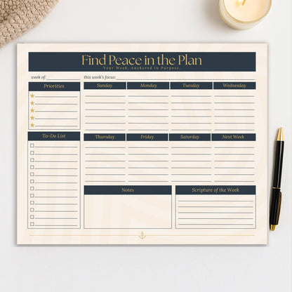 Christian Weekly Desk Pad - Find Peace in the Plan Faith Planner